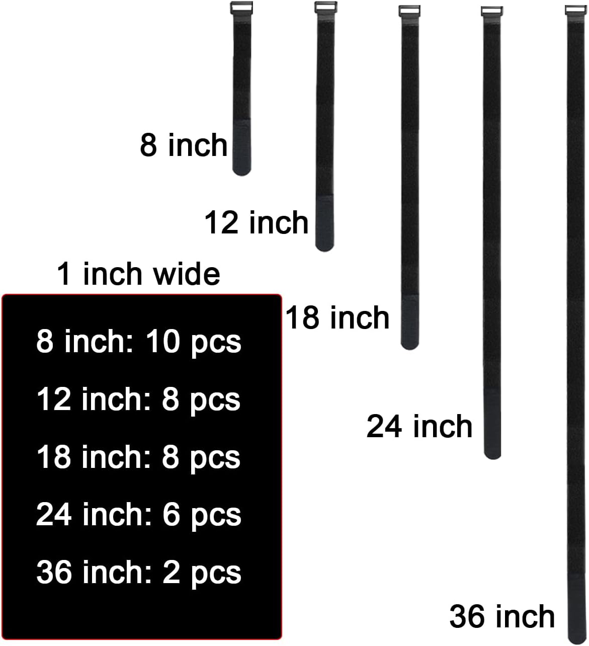 32 pcs 1-inch-wide Hook and Loop Cable Straps, 8"-12"-18"-24"-36" Adjustable Fastening Straps, Fixing and Organizing Cable Ties Set, Multi-Purpose Nylon Cinch Strap, Heavy-Duty Storage Straps