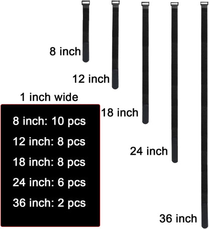 32 pcs 1-inch-wide Hook and Loop Cable Straps, 8"-12"-18"-24"-36" Adjustable Fastening Straps, Fixing and Organizing Cable Ties Set, Multi-Purpose Nylon Cinch Strap, Heavy-Duty Storage Straps