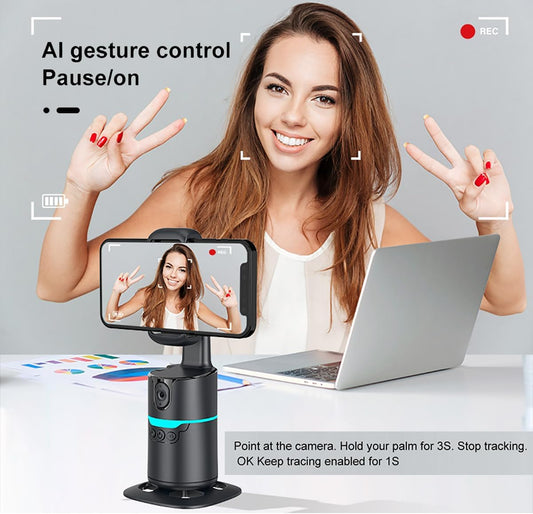 Auto Face Tracking Phone Holder,No App Required,360° Rotation Phone Camera Stand with Remote and Gesture Control, Smart Shooting Stand for Vlog/TIK Tok Live Streaming YouTube Video Record