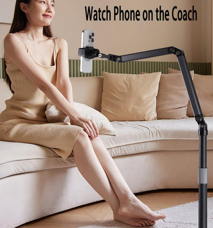 Phone Floor Stand for Recording Cell Phone Holder for Bed, Adjustable Tall Stand with Ultra-Long Extension Arm, 360° Swivel, Compatible with iPhone Samsung and More