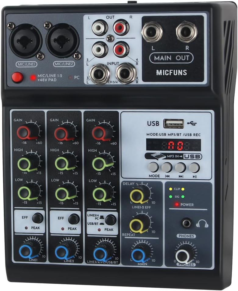 Mini audio audio mixers DJ mixer Sound Board Console System,4 Channel 48V Phantom Power with Bluetooth USB MP3 Stereo live DJ Studio Streaming for professional recording party KTV stage