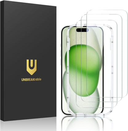 UNBREAKcable 3-Pack Screen Protector for iPhone 15 Plus, Double Shatterproof Tempered Glass [Easy Installation Frame] [9H Hardness] [99.99% HD Clear] [Case Friendly] for iPhone 6.7 inch