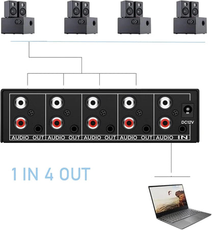 3.5mm Aux + RCA L/R Audio Splitter 1 in 4 Out, BolAAzuL 4-Way Stereo Audio Distributor Box 4-Channel Stereo RCA Splitter 1x4 for DVD Player, Game Console, Headphones, Speaker - w/Power