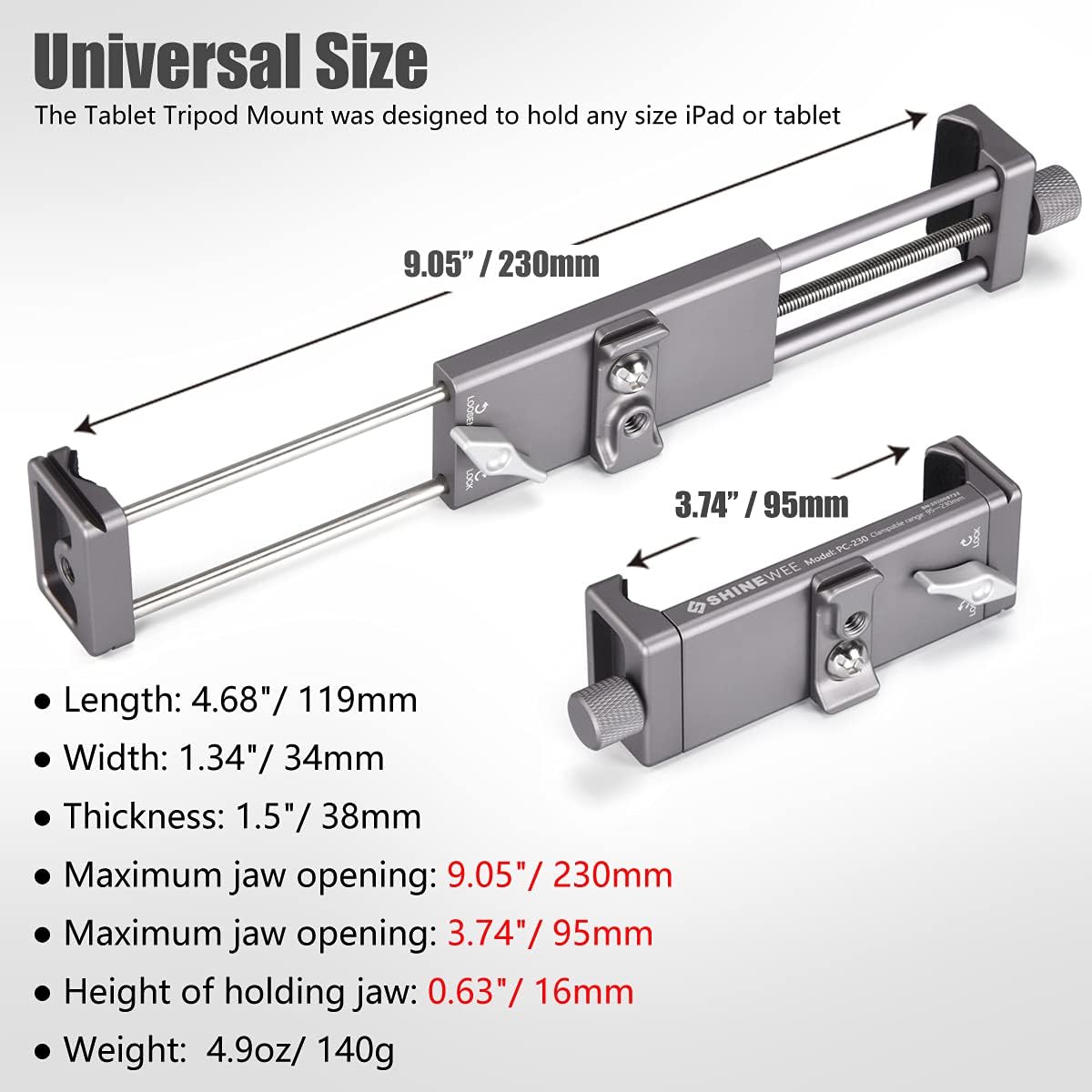 Full Metal Tablet Tripod Holder – Compatible with iPad mini, Air, Pro | 1/4" Screw & ARCA Dovetail Mounts | Universal Tablet Clamp Adapter