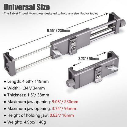 Full Metal Tablet Tripod Holder – Compatible with iPad mini, Air, Pro | 1/4" Screw & ARCA Dovetail Mounts | Universal Tablet Clamp Adapter