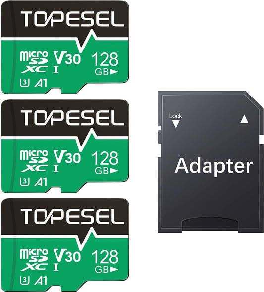 TOPESEL Micro SD Card high Speed 90mb per Second TF Card 4K Recording Memory Card with Adapter (3 Pack, 128, GB)