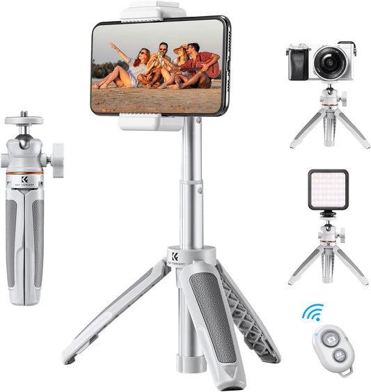 K&F CONCEPT Selfie Stick Tripod, 360 Degree Rotation Mini Phone Stand with Ball Head and Cold Shoe Mount, Cellphone Holder with Wireless Remote for Smartphone White