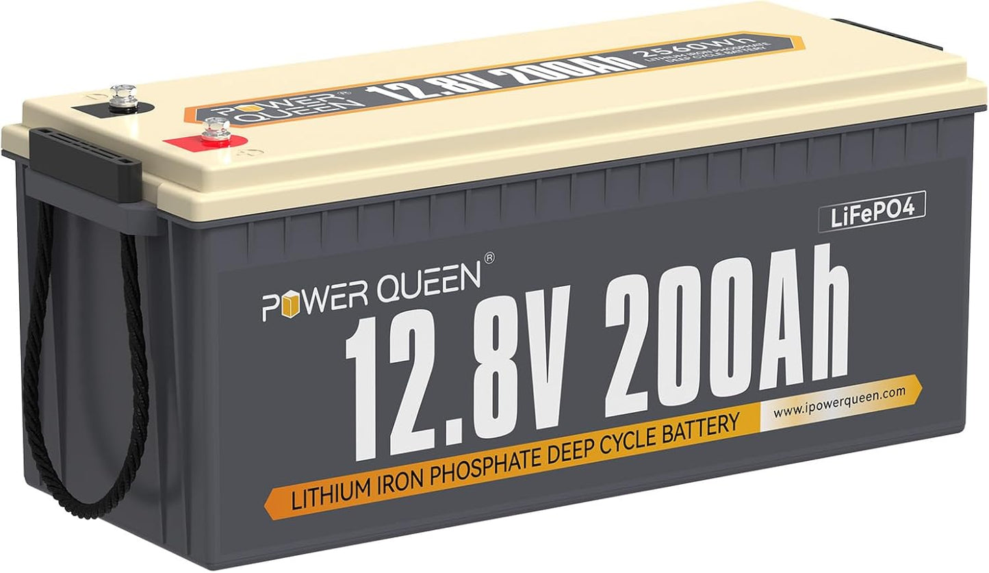 Power Queen 12V 200Ah LiFePO4 Battery with Built-in 100A BMS, 2560Wh Lithium Battery 15000+ Cycles, 10 Years Lifespan, Perfect for RV Camping, Solar Energy Storage, Back-up Power