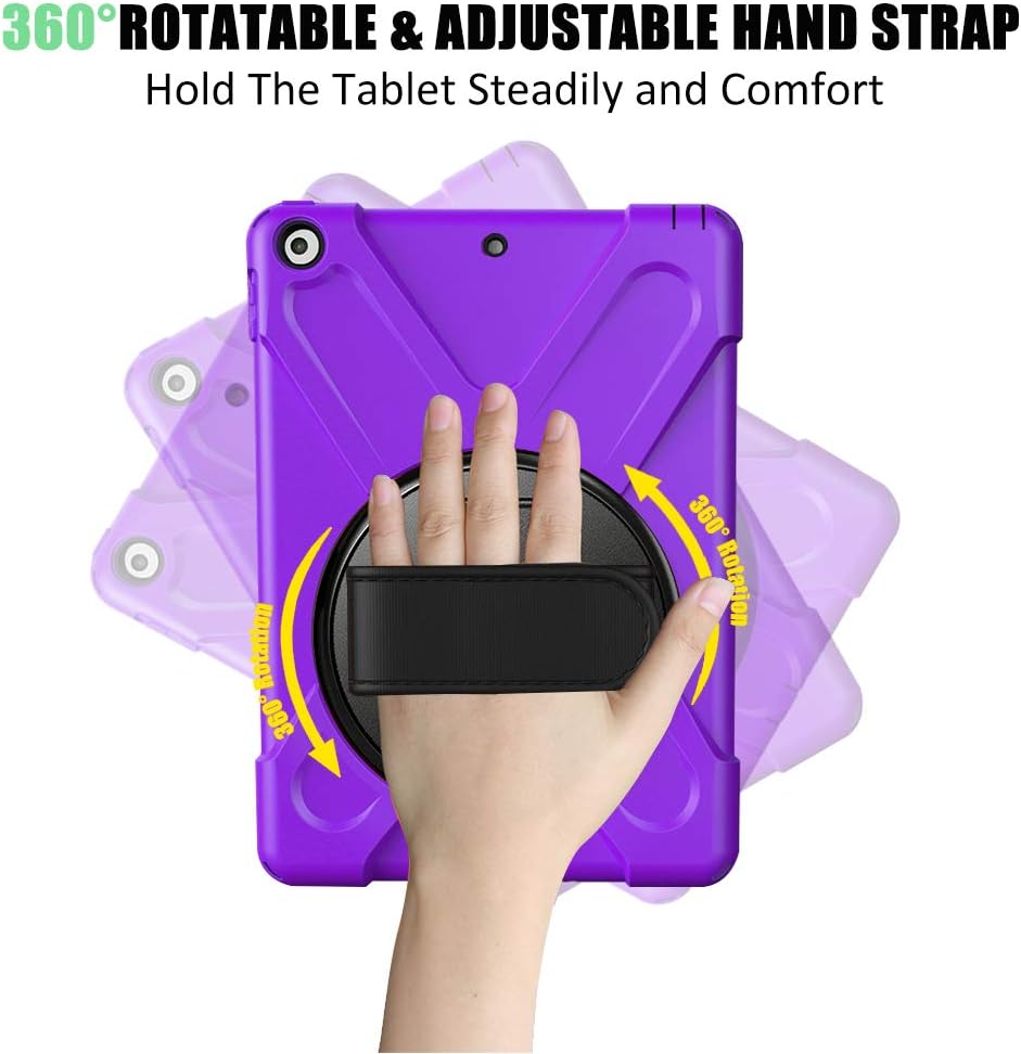 ZenRich Shockproof Case for iPad 9th/8th/7th Generation 10.2 inch 2021/2020/2019, Heavy Duty Rugged Case with Pencil Holder/360° Rotating Kickstand/Handle/Carrying Strap, Purple