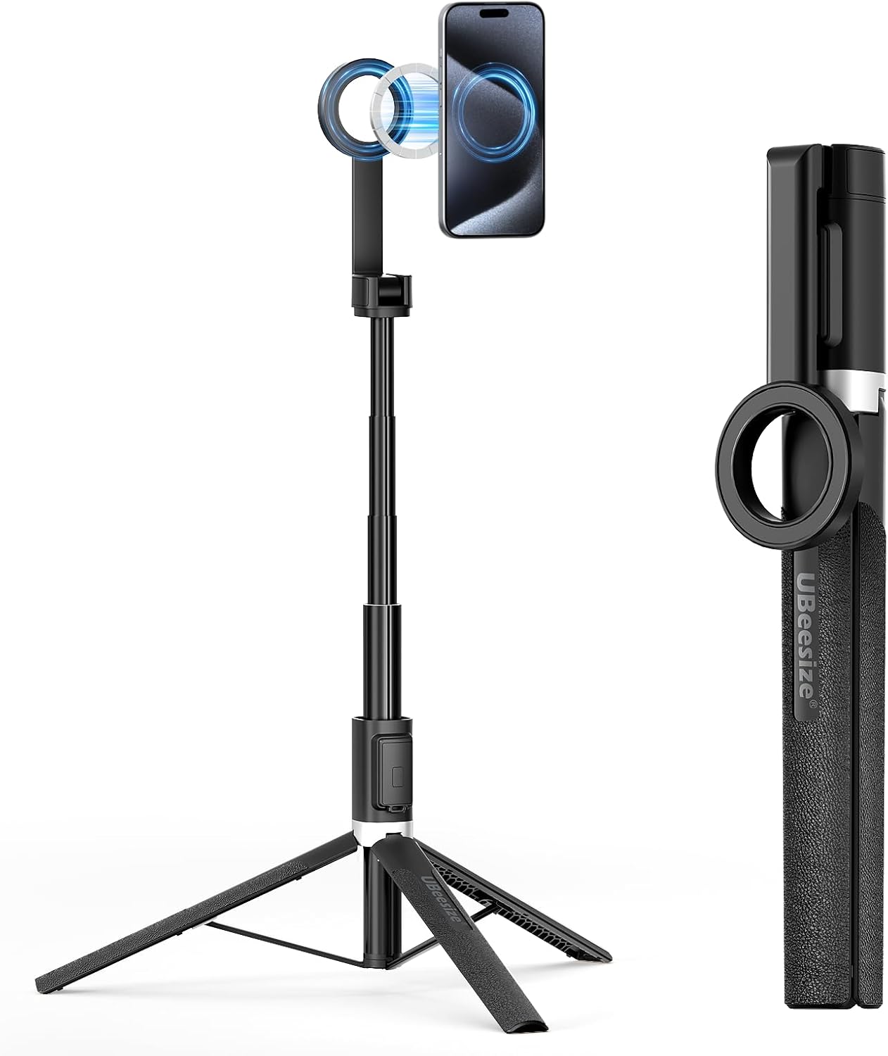 UBeesize Magnetic Tripod for iPhone with Remote, 64’’ Extendable Phone Stand for Video Recording/Vlogging, N52 Strong Holder for iPhone 12-15/Android, Portable Travel Selfie Stick Tripod(Black)