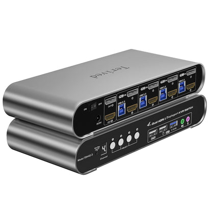 4 Computers 2 Monitors Automatic KVM Switch, HDMI 4k@60Hz + DP 8K 30Hz 4K@144Hz, Aluminum Alloy Shell, Digital Display, Audio/Microphone, hotkey, HDR10 with Cables