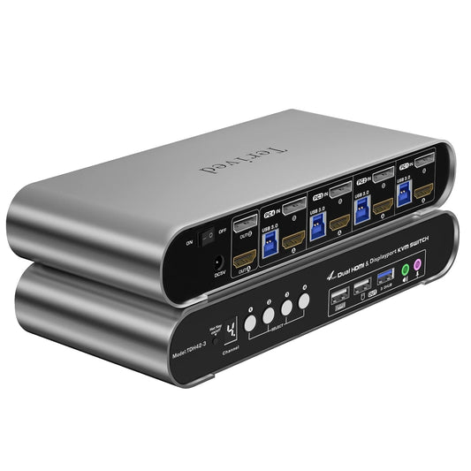 4 Computers 2 Monitors Automatic KVM Switch, HDMI 4k@60Hz + DP 8K 30Hz 4K@144Hz, Aluminum Alloy Shell, Digital Display, Audio/Microphone, hotkey, HDR10 with Cables