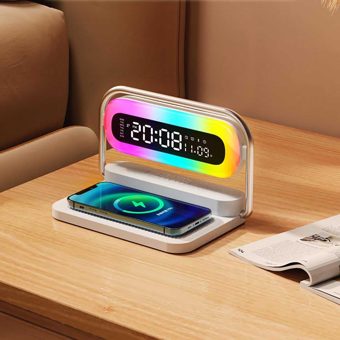 4-in-1 Multifunction Mobile Wireless Charger with Colorful Night Lights, Bluetooth Speaker, Digital Clock Alarm ; M11
