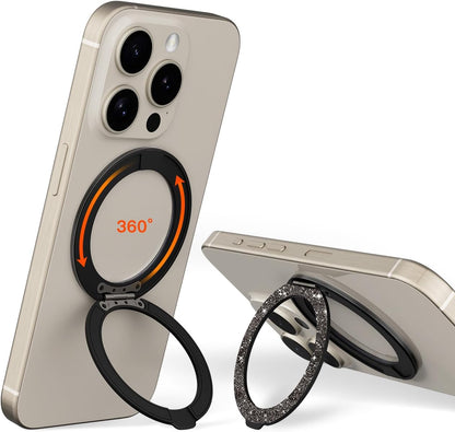 COOLQO 1Pc 360 Spin Cell Grip Ring Phone Stand [Upgrade Gear Hinge Stress Relief] Magnetic Holders for Your car Accessories Desk Mount Compatible with iPhone All Smartphone, Glitter Black