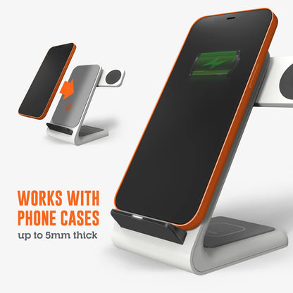 STM ChargeTree Swing 3-in-1 Wireless Charging Station for iPhone/Samsung/Android (15W/7.5W), AirPods (5W), Apple Watch (3W). Qi-Certified Stand, White