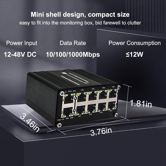10-Port Gigabit Ethernet Switch,Industrial Design with Rugged Metal Case, Plug and Play, Full-Duplex Fast Ethernet Connectivity, Unmanaged Gigabit Switch, Compact Mini Size, Din-Rail or Wall Mount