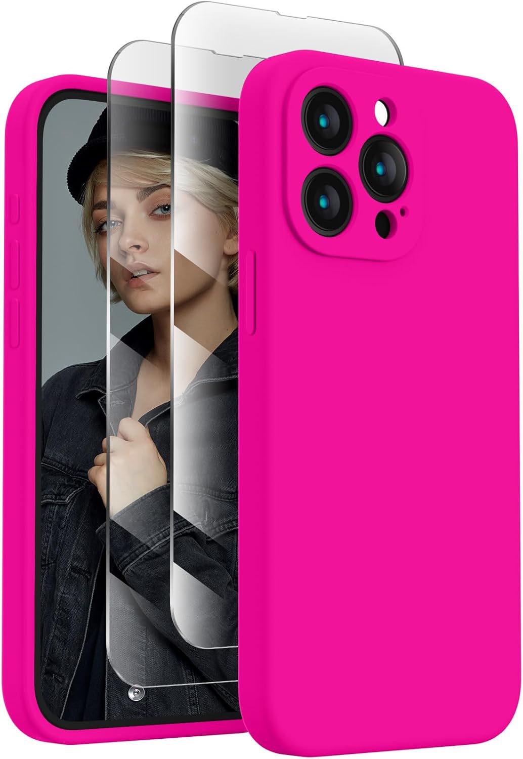 FireNova Designed for iPhone 15 Pro Max Case, Silicone Upgraded [Camera Protection] Phone Case with [2 Screen Protectors], Soft Anti-Scratch Microfiber Lining Inside, 6.7 inch, Hot Pink