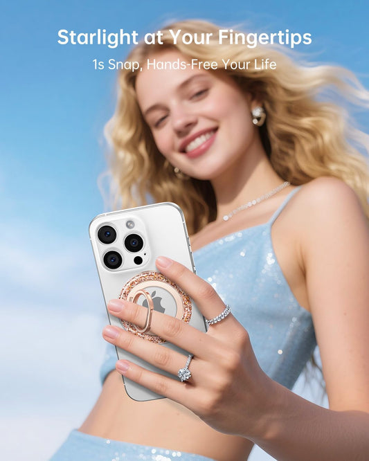 SYNCWIRE Magnetic Phone Ring Holder for MagSafe - Glitter Phone Grip Stand with 360° Rotation & Reinforced Hinge, Compatible with iPhone 16 15 14 13 Pro Max Plus MagSafe Accessories - Rose Gold