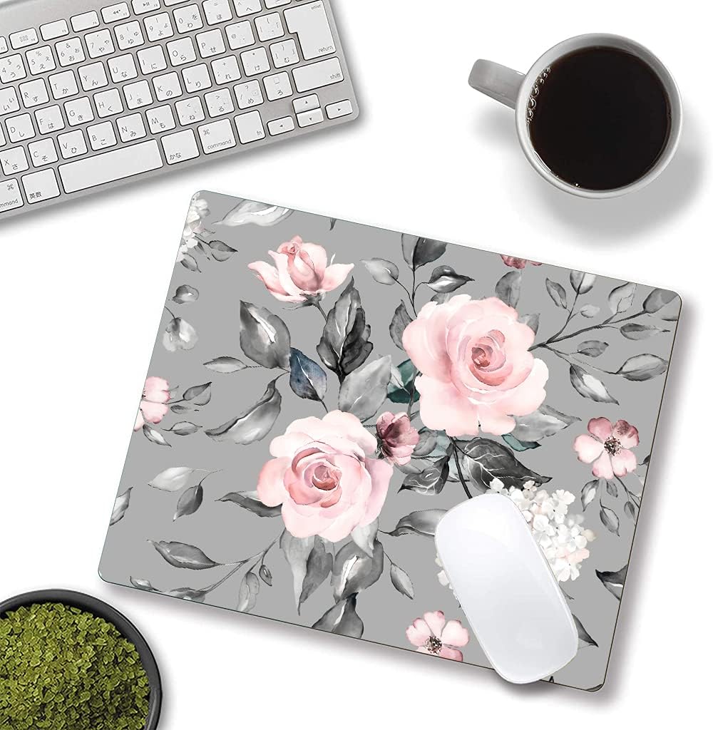 Mouse Pad, Gray Pink Roses Floral Flower Leaves Mouse Pad Rectangle Custom Designs, Waterproof Anti-Slip Rubber Mousepad Office Accessories Desk Decor Wireless Mouse Pads for Computers Laptop