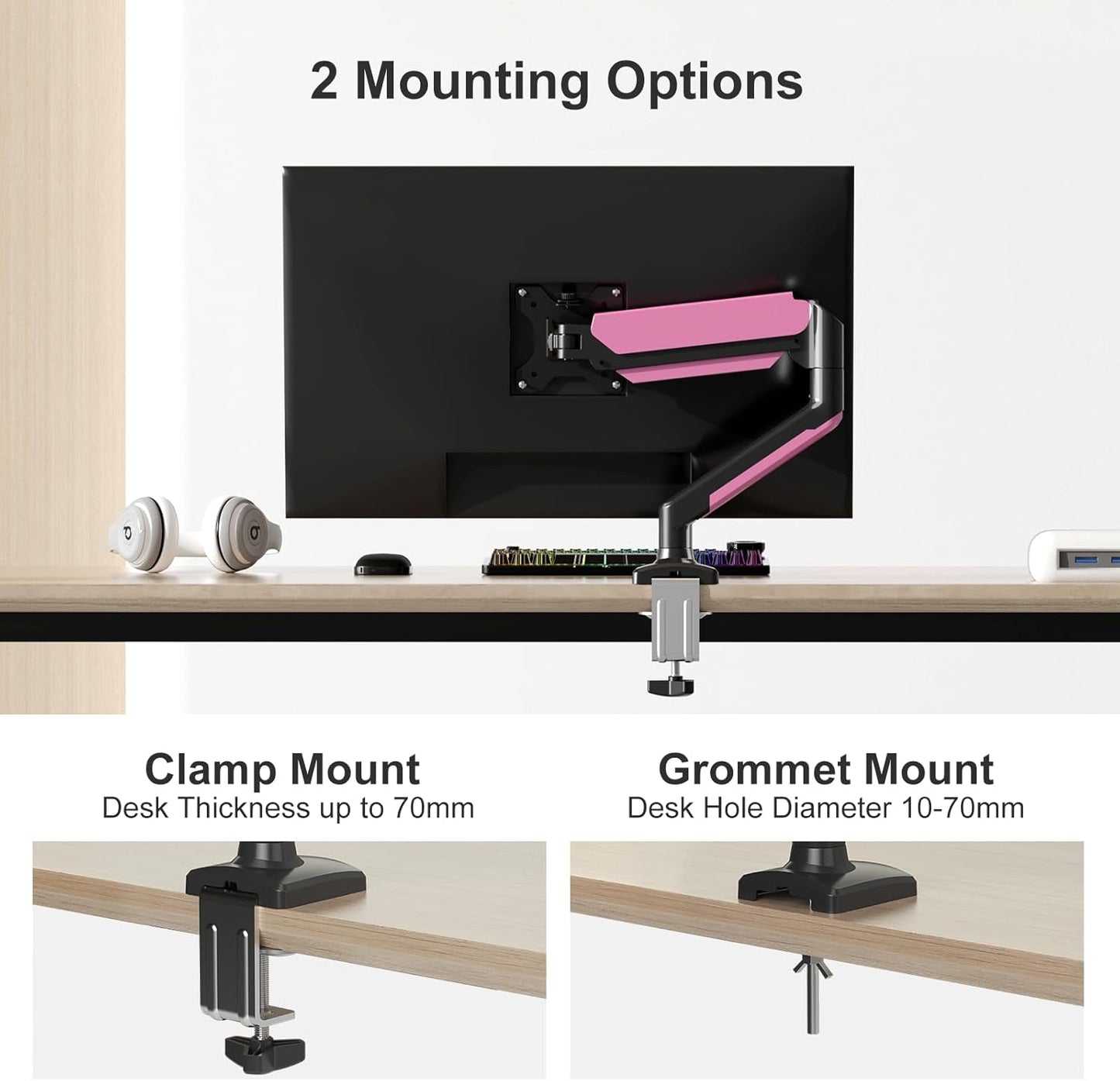 PHOLITEN Single Monitor Arm Fits 13-32 inch,4.4-19.8lbs Screen, Fully Adjustable Gas Spring Arm, Computer Monitor Stand with VESA 75 * 75mm/100 * 100mm Mount,Black & Pink