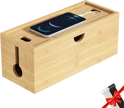 Bamboo Cable Management Box, Medium Cord Organizer Box Cable Box to Hide Wires & Power Strips for Desktop Storage Cord Holder for Office Home,No Assembley Required