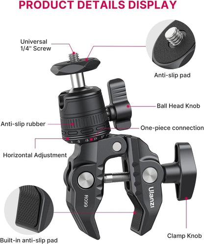 ULANZI R099 Super Clamp Camera Mount - Heavy Duty 3.3lb Load Metal Clamp with 360° Ball Head for Action Cameras (GoPro/Insta360/DJI), DSLR, Bike/Motorcycle Handlebar, Pole/Tube Mount Accessories