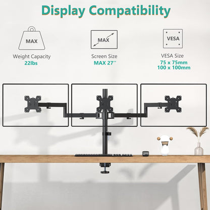 WALI Triple Monitor Mount, 3 Monitor Desk Mount for 13-27 inch Computer Screens, Holds up to 22 lbs, Triple Monitors Stand for Desk, with Tilt, Swivel, Rotation, VESA 75/100mm (M003S), Black