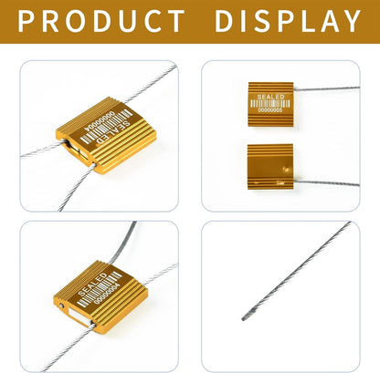 100 Yellow Steel Cable Seals with Barcode, ISO 17712 Security Seals: Truck Seal, Anti-Tamper Pull Tite Tags, Self-Locking Safety Ties