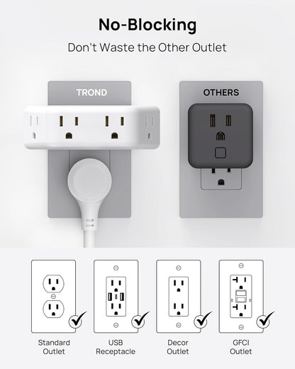 TROND Outlet Extender Surge Protector - Multi Plug Wall Outlet with 4 Grounded Sockets, 3 Way Angled Plug Adapter, 900J, Electrical Wall Splitter for Home Office Travel Dorm Room, White