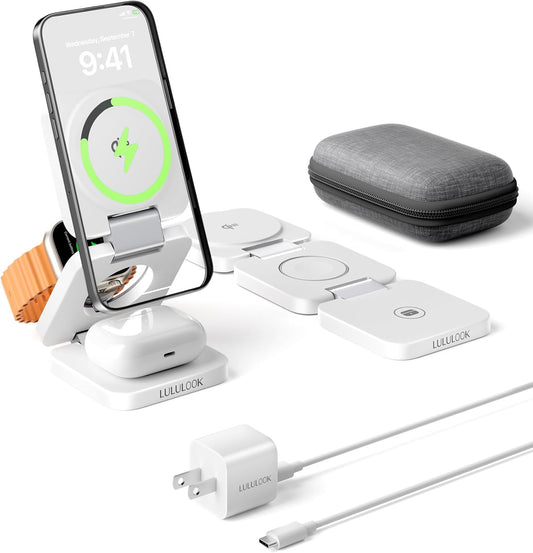 Qi2 Certified 3 in 1 Travel Charger MagSafe Compatible, Upgraded Foldable Wireless Charger Stand, Mag-Safe 3 in 1 Charging Station,15W Fast Charging for iPhone 17/16/15/14/13/12, Apple Watch, AirPods