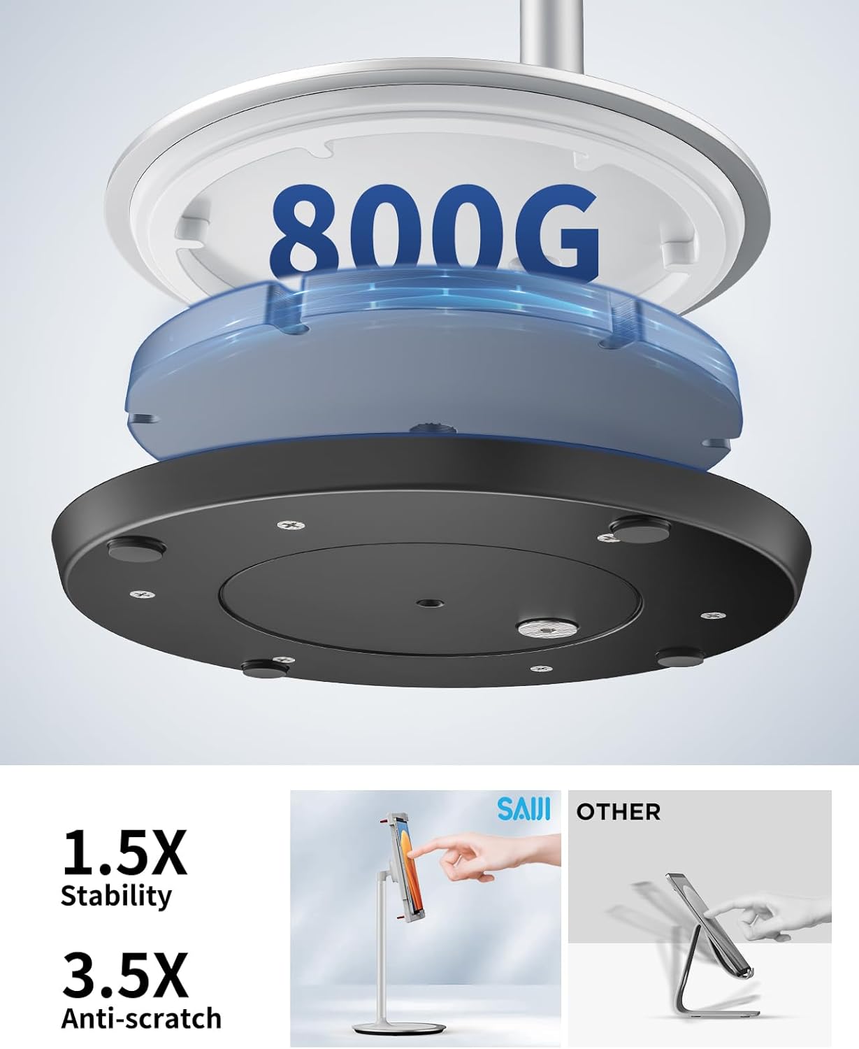 SAIJI Tablet Stand Holder, Height Adjustable Portable Monitor Stand, 360 Degree Rotating, Aluminum Alloy Cradle Mount Dock for 4.7"-15.6" Screen iPhone Samsung, iPad, Kindle, eBook Reader (Silver)