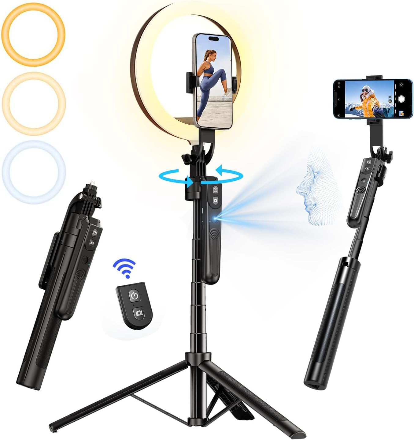 70.9" Auto Face Tracking Tripod 360° Rotation with 10" Ring Light, Phone Tripod & Selfie Stick with Remote for Cell Phone 4"-7", Motion Sensor Phone Tripod for Tiktok Live Stream Vlog Video Recording