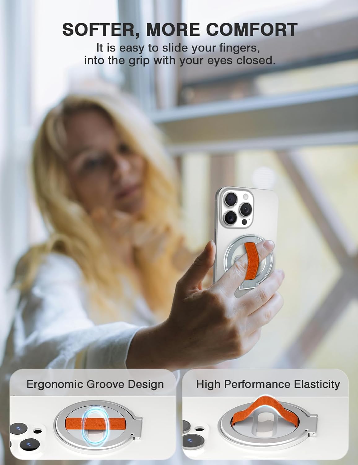 Grat 2 Magnetic Phone Grip Kickstand, [Elastic Finger Strap] Phone Loop Holder, Dual-Sided Magnet Ring Stand Compatible with Magsafe Series iPhone 16 15 14 13 12 Pro max, Silver