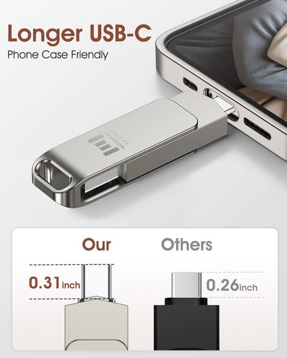 MOSDART 128GB USB3.1 Fast Speed C and A Dual Flash Drive, exFAT Memory Stick with Keychain Loop, for iPhone 15 and 16, Android Phone, iPad, MacBook, Silver