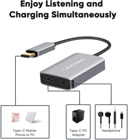 CableCreation USB Type C Splitter, 2-in-1 USB C Audio Adapter and PD Fast Charging, Type C Aux Dongle Compatible with iPad, MacBook, iPhone 16 15 Pro Max Plus, Galaxy S24/S23/S22+, Pixel 9/8/7+, Grey