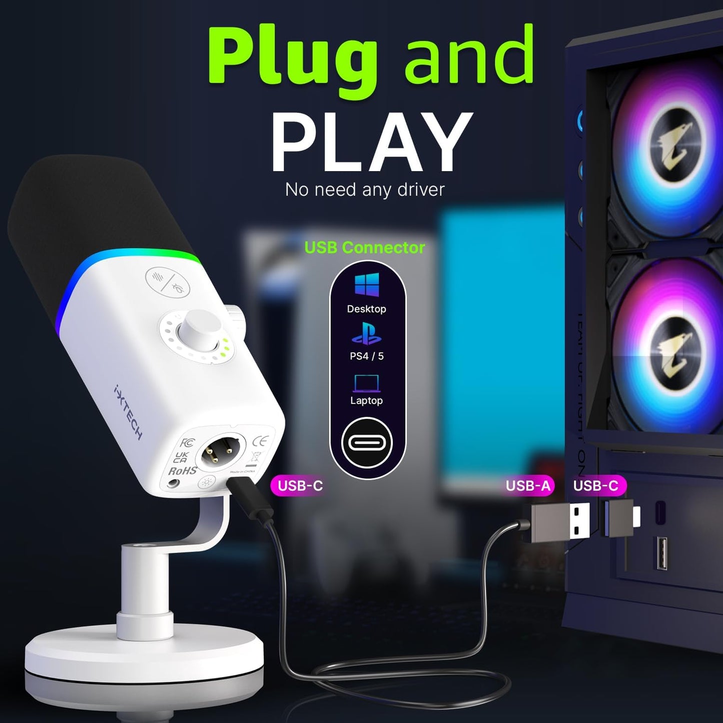 IXTECH Gaming USB Microphone for PC, Noise Cancellation Condenser Mic for Podcasts and Video Streaming with Tripod Stand, Pop Filter, Shock Mount, Gain Control, RGB Lights, Quiet Mute Button (White)