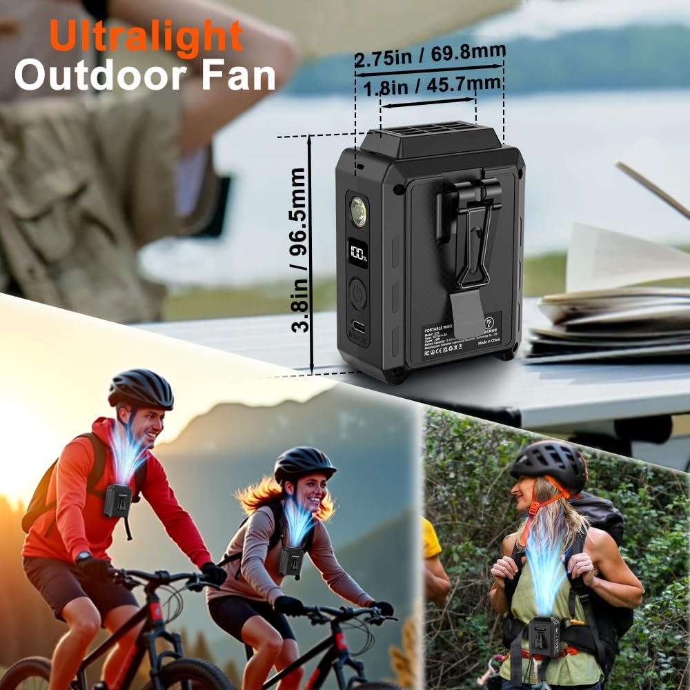 CAZOKASI Personal Waist Clip Fan Rechargeable Wearable Hand Free Wearable Cooler Fan for Traveling Working Outdoor Office (5000mAh / Black)