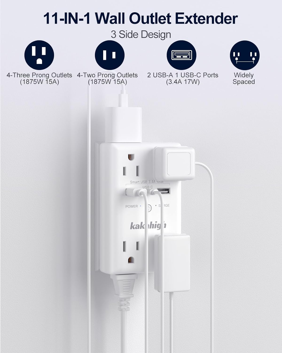 Wall Outlet Extender with Screw, 8 Way Outlets with 1680J Surge Protected, Multi Plug Wall Outlet with USB Ports, LED Indicator, 1875W Wall Mounted Surge Protectors for Dorm Room Office Kitchen