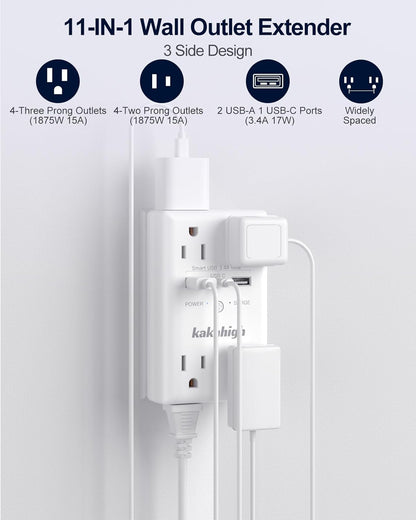 Wall Outlet Extender with Screw, 8 Way Outlets with 1680J Surge Protected, Multi Plug Wall Outlet with USB Ports, LED Indicator, 1875W Wall Mounted Surge Protectors for Dorm Room Office Kitchen