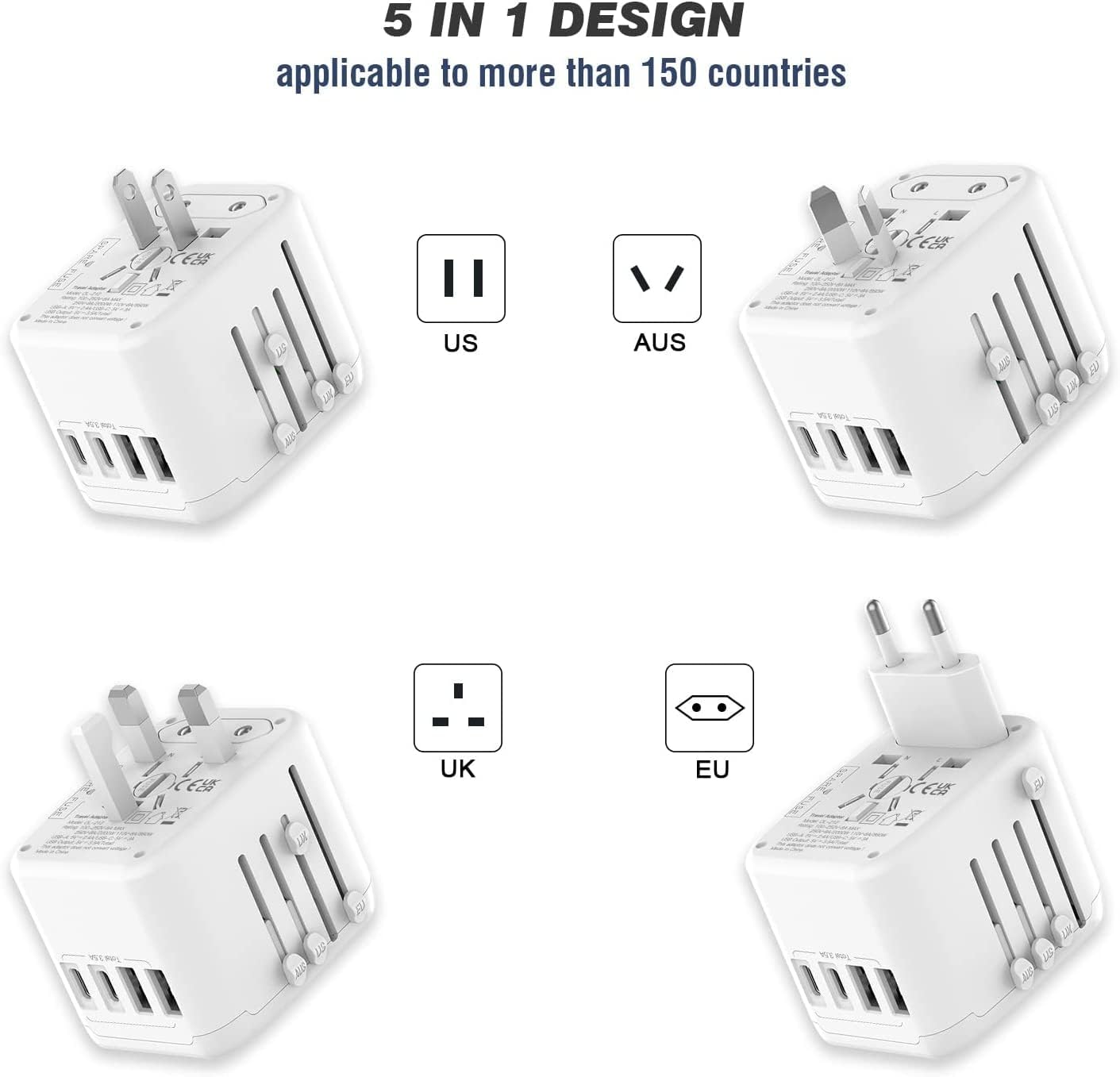 Universal International Power Travel Plug Adapter, 5 in 1 European Travel Plug Adapter W/ 3.5A 2xUSB-A and 2xUSB C Wall Charger and Worldwide AC Outlet for Europe USA UK AUS Asia