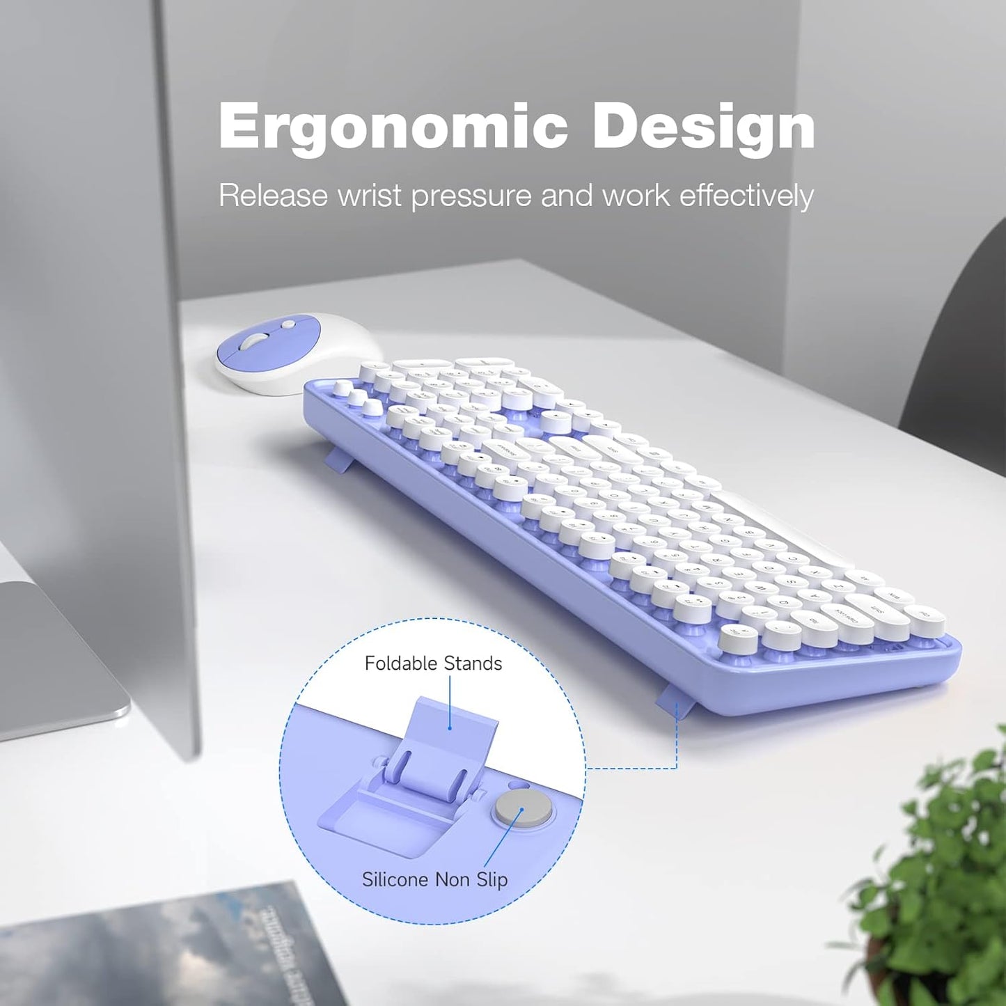 KNOWSQT Wireless Keyboard and Mouse Combo - White-Purple Full-Sized 2.4 GHz 104 Keys Typewriter Cute Keyboard, Round Keycap and Optical Mouse for Windows, Computer, PC, Laptop, Desktop