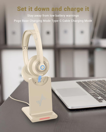 Wireless Headset with AI Noise Cancelling Microphone Bluetooth Headset - Bluetooth V5.2 Headphones with USB Dongle, Charging Base & Mic Mute for Computer/Laptop/PC/iPhone/Android/Cell Phones-Apricot