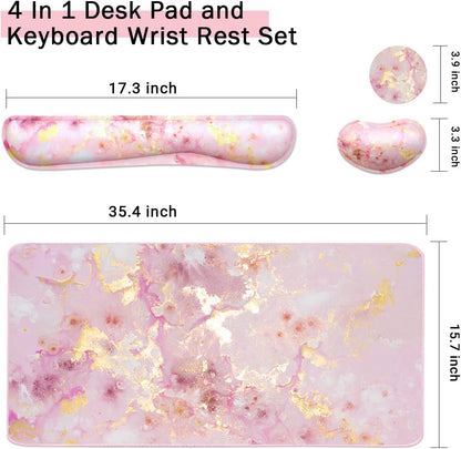 Keyboard Mouse Pad Set, Extended Mouse Pad+Keyboard Wrist Rest Support, Memory Foam Ergonomic Easy Typing, 3Pcs (35.4×15.7 in) Desk Pad Set for Home Office Study Game- Pink Gold Marble