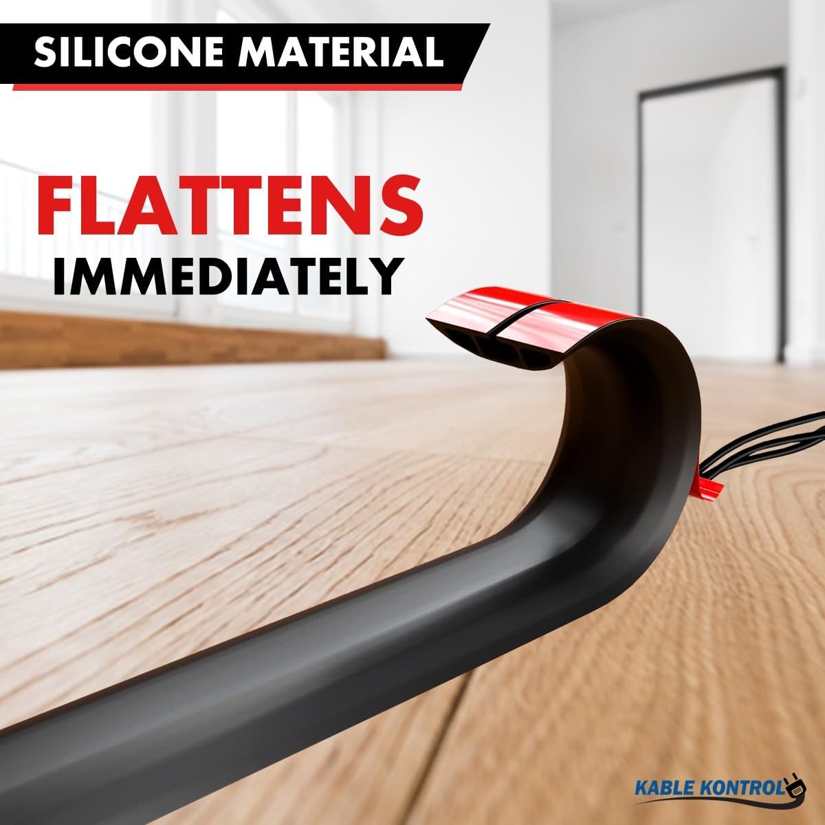 Kable Kontrol Silicone Floor Cord Cover - 5 Ft Flexible Cord Protector, Self Adhesive, for Concealing Extension Cable, Protecting Wires, Prevents Trips – 2.5in W X 0.5in H - 5 Pcs - Black