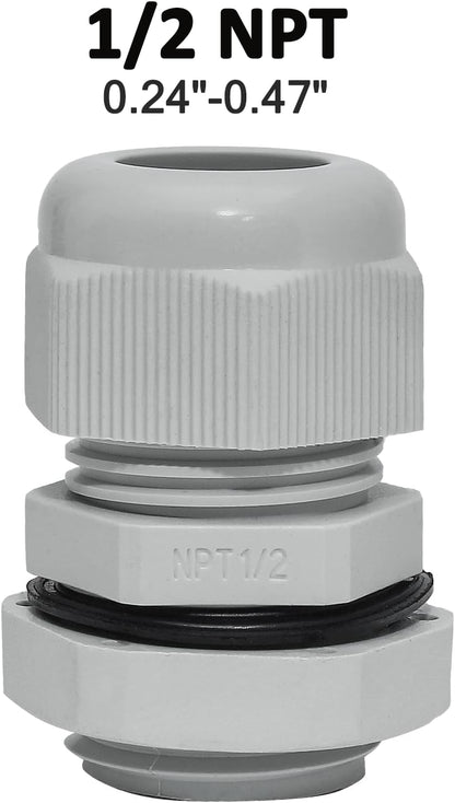 10 Pcs 1/2" NPT Nylon Cable Glands, IP68 Waterproof Adjustable Cord Grip Cable Connector Strain Relief Wire Protectors for 6-12mm Cable Diameter, Grey
