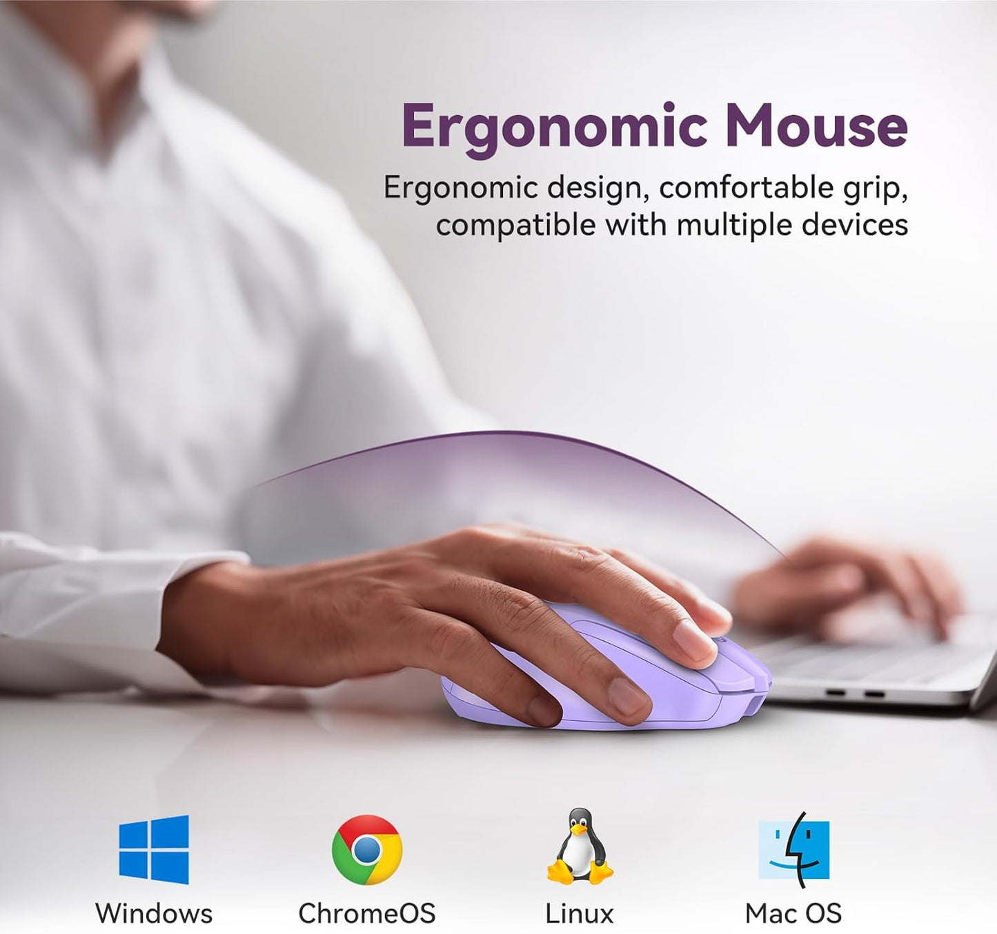 Bluetooth Mouse (BT5.0/3.0 & 2.4G) Rechargeable Wireless Mouse, 4800 DPI Optical Tracking, 6 Adjustable DPI, 2.4GHz with USB A Receiver, Quiet Clicks, Ergonomic Grips, 6 Buttons - Lavender