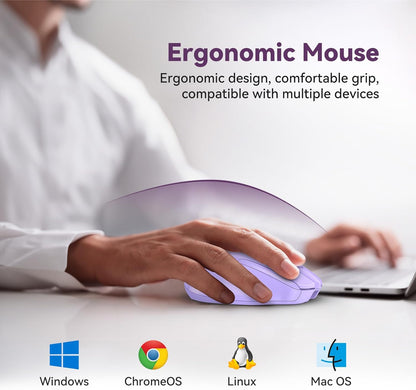 Bluetooth Mouse (BT5.0/3.0 & 2.4G) Rechargeable Wireless Mouse, 4800 DPI Optical Tracking, 6 Adjustable DPI, 2.4GHz with USB A Receiver, Quiet Clicks, Ergonomic Grips, 6 Buttons - Lavender