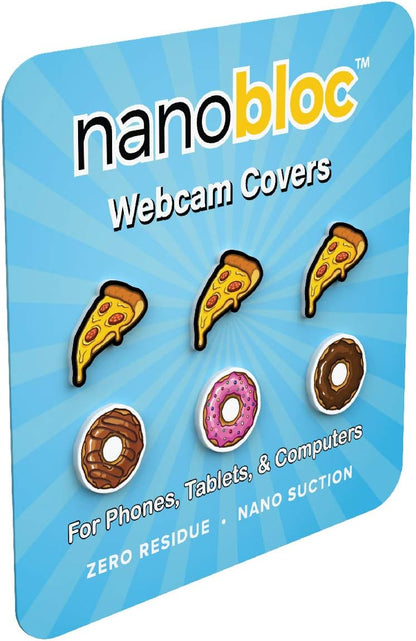 NanoBloc Webcam Cover - Universal Reusable Camera Cover for All Devices - Safe Screen Closure, Strong Nano Suction No Residue (6-Pack, Pizza Donut)