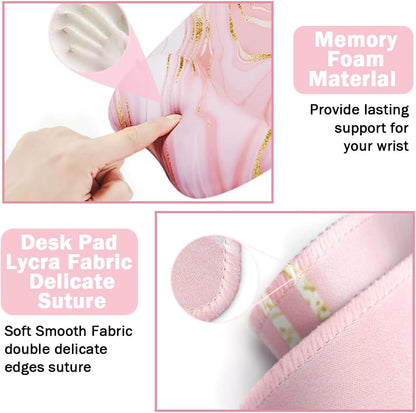Keyboard Wrist Rest Large Mouse Pad Wrist Support for Computer, 4 in 1 Memory Foam Keyboard Pad Desk Mat Ergonomic Hand Rest Wrist Cushion for Home Office Gaming - Pink Marble