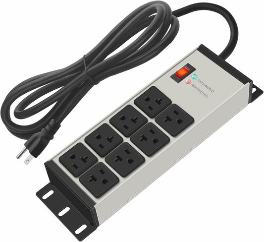 CCCEI Heavy Duty Power Strip Surge Protector 20 AMP, 8 Outlets 12 Gauge Industrial Shop Garage Metal Multiple Outlets, 10 FT Extension Cord 5-15P Adapter High Amp 6-20R T-Slot 20a for Appliance